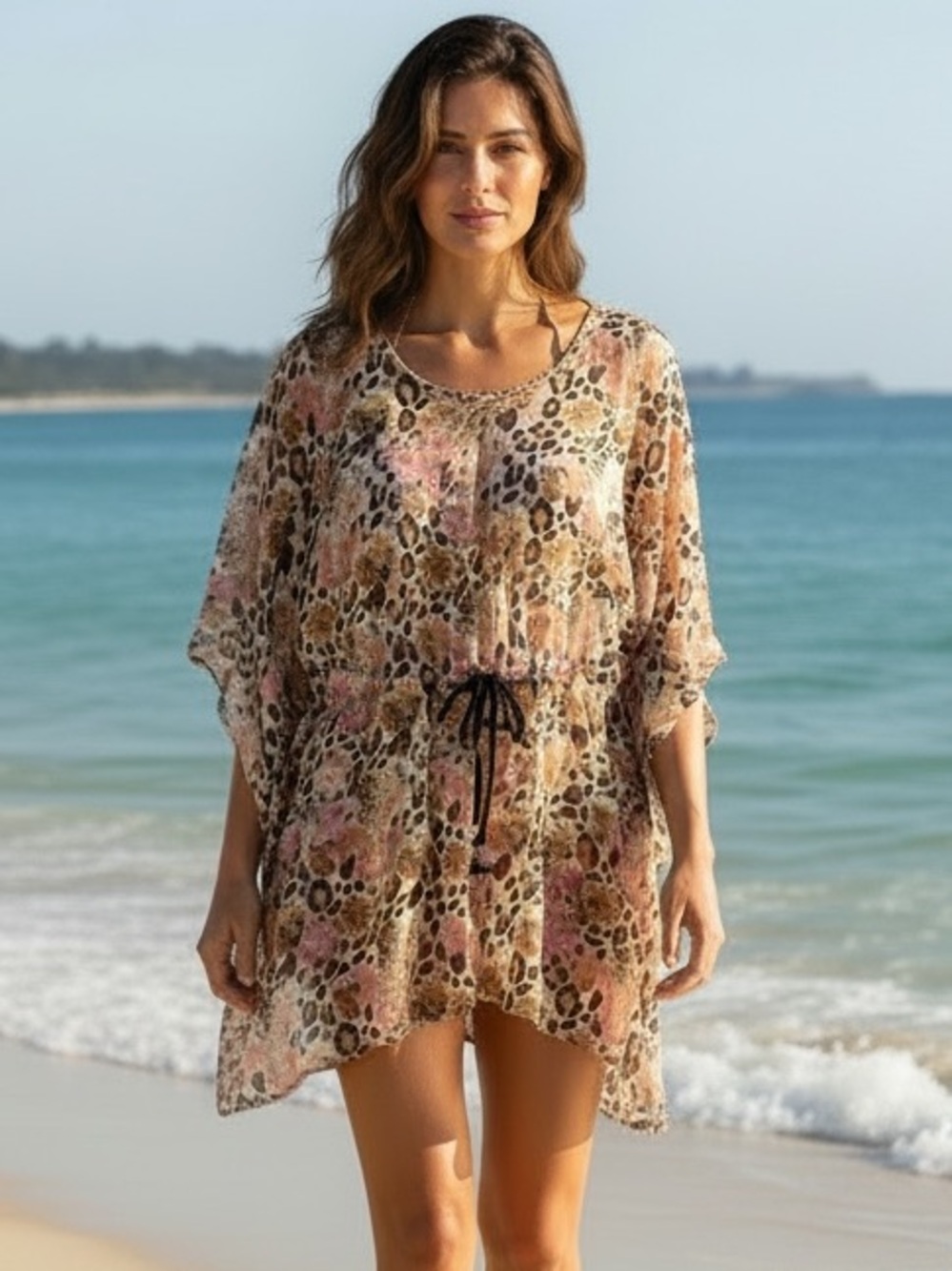 Seven Islands New York swimsuit coverup sheer dolman short sleeve animal print